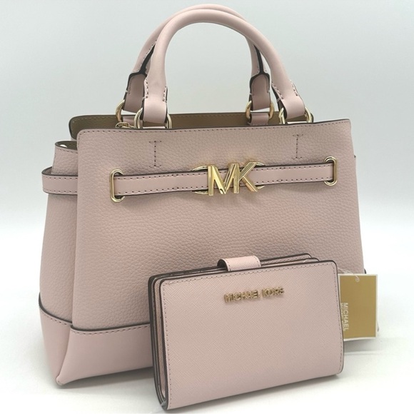 Michael Kors Reed Small Satchel Crossbody Bag & MD Bifold Zip Chain Wallet Pink